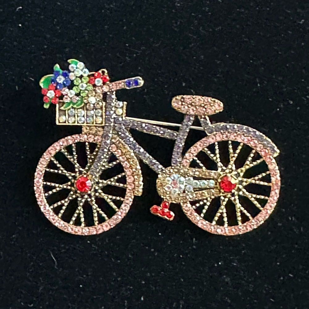 Vintage Style Rhinestone Bicycle Brooch Crystal Flower Basket Pin Gold Tone - Picture 3 of 4